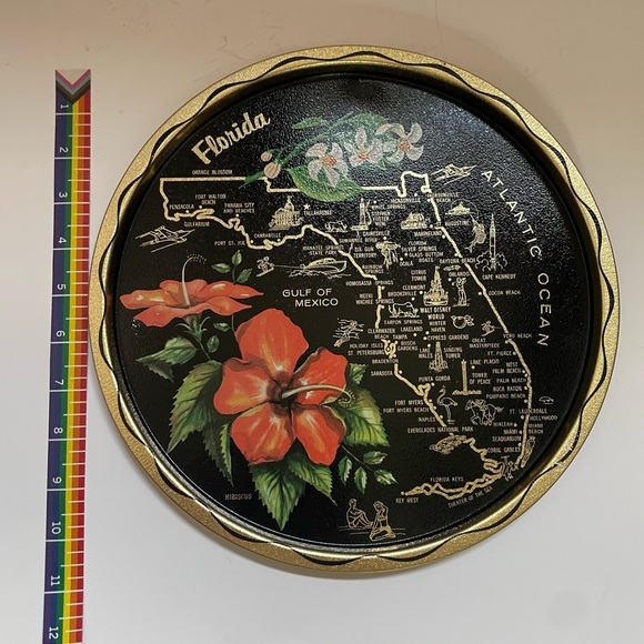 Vintage Map Of Florida Souvenir Tray Decorative Metal Hibiscus Flower - Picture 2 of 11